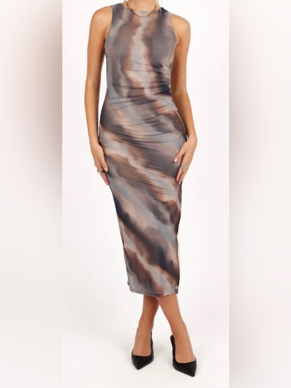 Sleek Gray-Brown Tie-Dye Dress